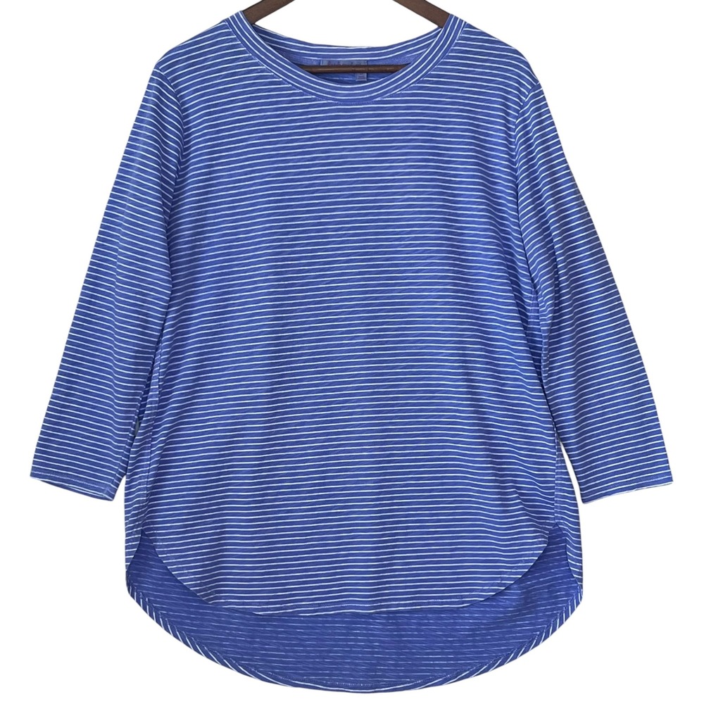 Fresh Produce Top Blouse L Blue Striped High Low 100% Cotton Coastal Nautical